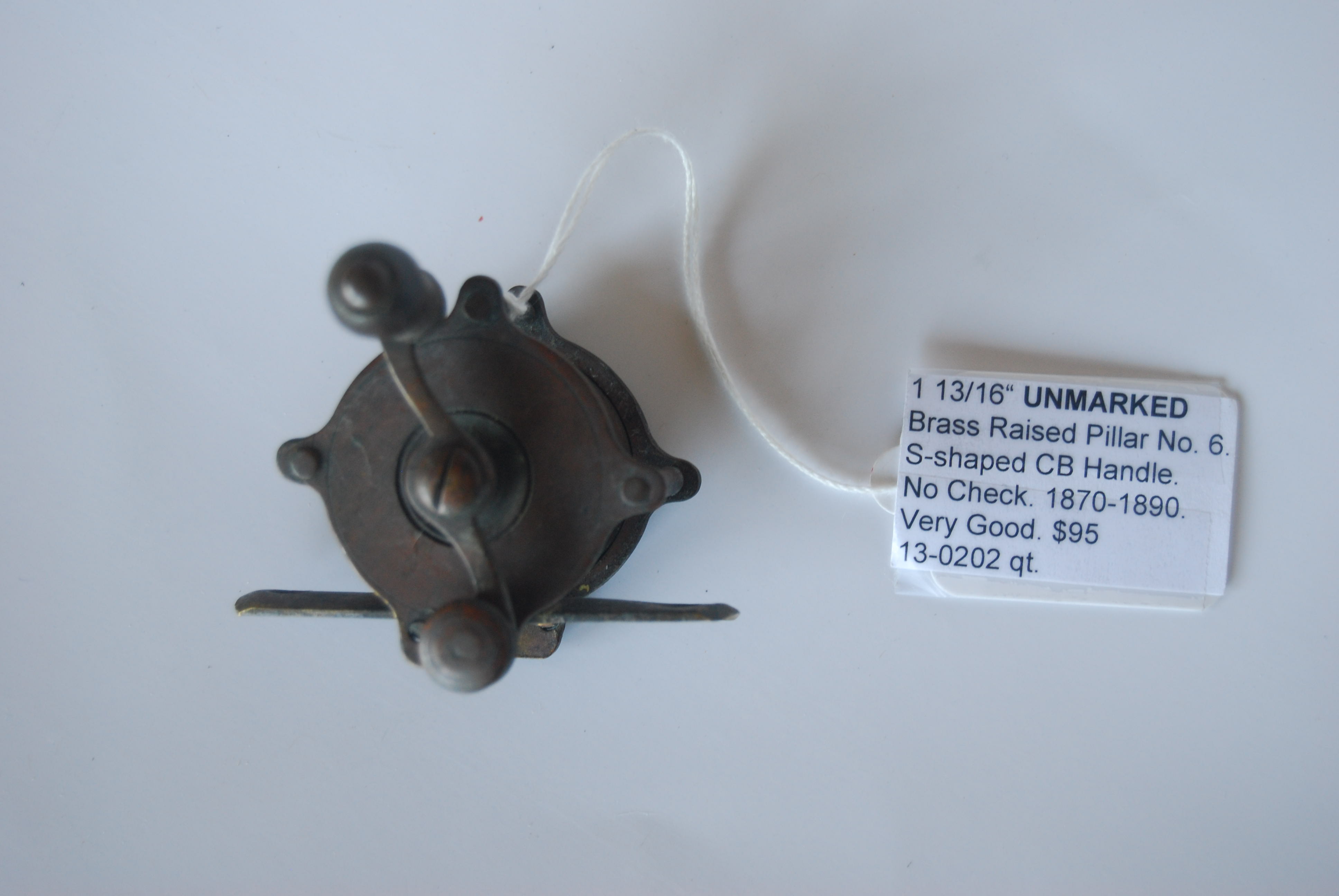 Image for 1 13/16” UNMARKED Brass Raised Pillar Reel No. 6. 7/8 in. pillars. No Check; Wood knob on S-shaped counterbalanced crank handle; Marked “6” on foot. Circa 1870-1890. 3 3/8 oz.
